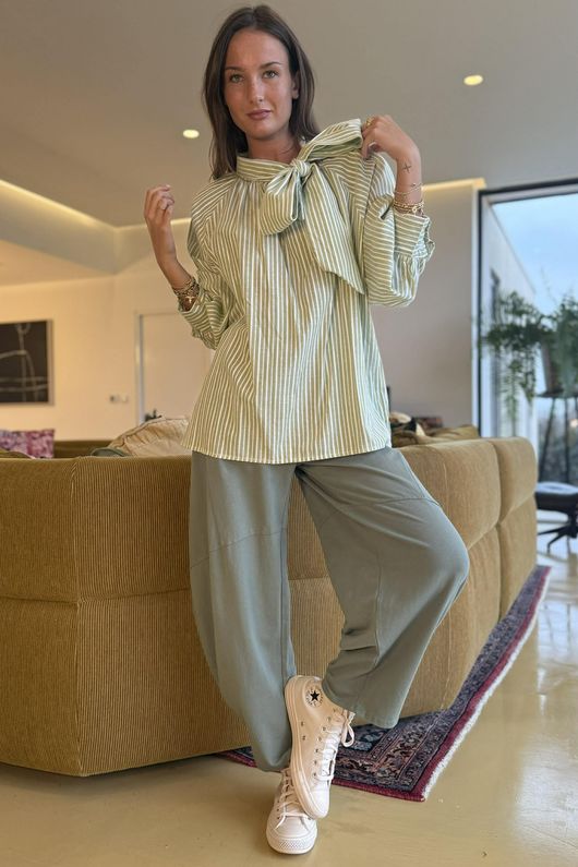 Nantucket Stripe Tie Neck Blouse Soft Olive